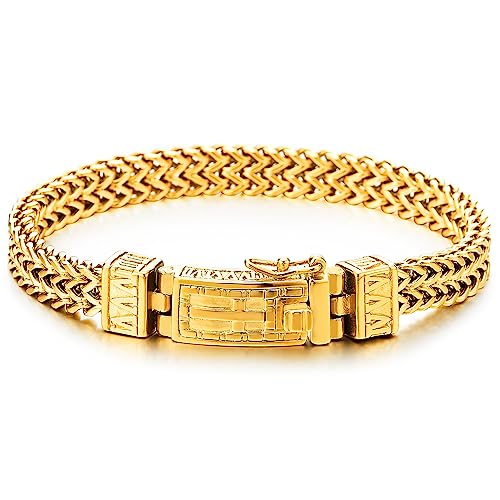 COOLSTEELANDBEYOND Herren Einzigartige Goldfarben Edelstahl Doppel Quadrat Franco Kette Armband mit Kreuz, Federringverschluss Poliert von COOLSTEELANDBEYOND