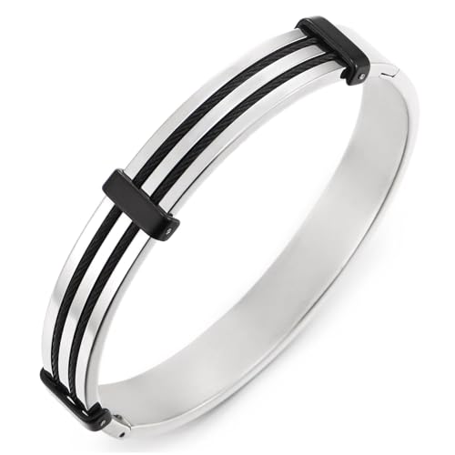 Herren Glatt Moderner Manschetten Stil Armreif Edelstahl Armband mit Schwarz Stripes, Silber Schwarz Zweifarbig von COOLSTEELANDBEYOND