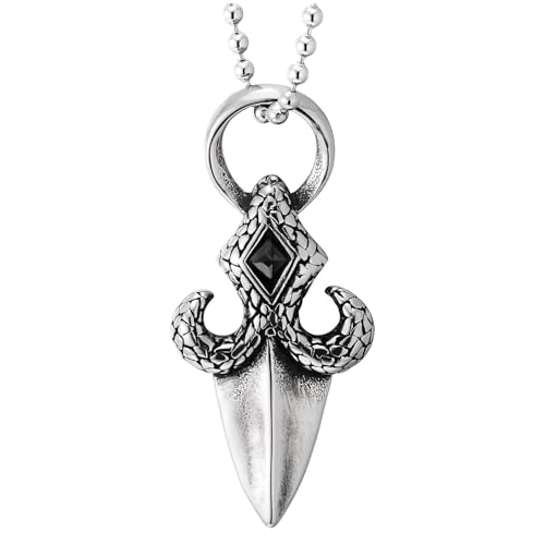 COOLSTEELANDBEYOND Herren Gothic Mittelalter Dolch Halskette Stahl Speerspitze Anhänger mit Schuppenstruktur und Schwarzem Stein von COOLSTEELANDBEYOND