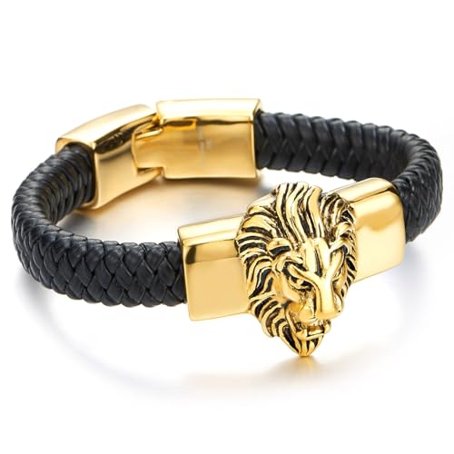 COOLSTEELANDBEYOND Herren Große Geflochtenes Leder Armband mit Edelstahl Gold und Schwarz Löwe und Schwarz Echtes Leder Armband von COOLSTEELANDBEYOND
