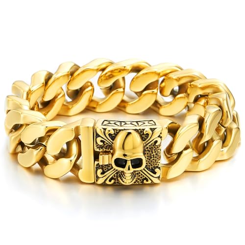 COOLSTEELANDBEYOND Herren Großes Gold Schwarz Edelstahl Panzerkette Armband mit Fleur de Lis und Schädel, Biker Gotik von COOLSTEELANDBEYOND