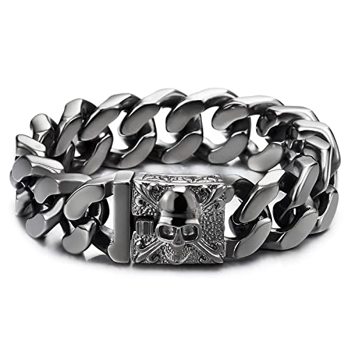 COOLSTEELANDBEYOND Herren Großes Grau Schwarz Edelstahl Panzerkette Armband mit Fleur de Lis und Schädel, Biker Gotik, Poliert von COOLSTEELANDBEYOND