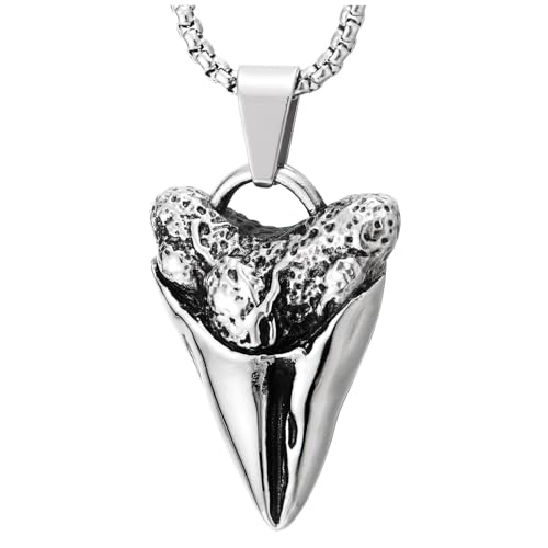 COOLSTEELANDBEYOND Herren Hai Zahn Amulett Anhänger Halskette, Edelstahl, 75cm Weizen-Kette von COOLSTEELANDBEYOND