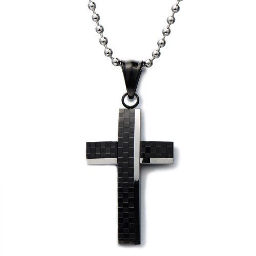 COOLSTEELANDBEYOND Herren-Kette Kreuz Anhänger aus Edelstahl Schachbrettmuster Silber Schwarz Zwei Töne mit 60cm Stahl Kugelkette von COOLSTEELANDBEYOND