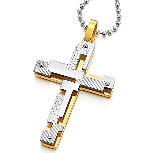 COOLSTEELANDBEYOND Herren-Kette Silber Gold Kreuz Anhänger aus Edelstahl Schachbrettmuster mit 75cm Stahl Kugelkette von COOLSTEELANDBEYOND