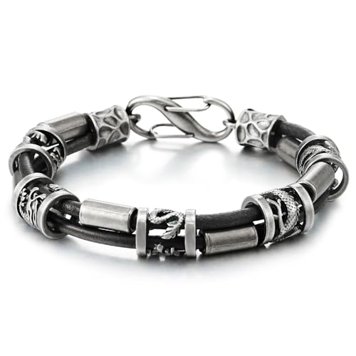 Herren Leder Armband mit Drachen und Antiquität Rohr Wulst, Vintage Kantenbetont Biker Stil, Karabinerhaken Verschluss von COOLSTEELANDBEYOND