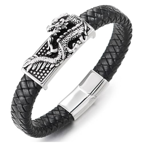 COOLSTEELANDBEYOND Herren Leder Drachen Armband, Geflochtene Schwarz Leder mit 3D Eingraviert Drachen, Schwere Armreif Armband von COOLSTEELANDBEYOND