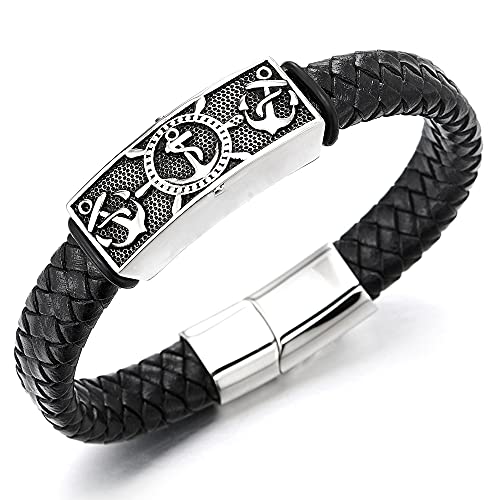 COOLSTEELANDBEYOND Herren Marine Anker Boot Lenkrad Punktiert ID Identifikations Schwarzer Geflochtenes Leder-Armband Edelstahl Armreif von COOLSTEELANDBEYOND