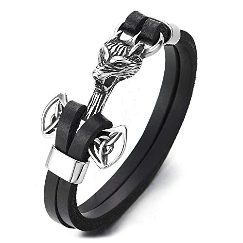 COOLSTEELANDBEYOND Herren Multi-Strang Schwarz Leder Armreif Armband Vintage Edelstahl Dreieinigkeit Keltischer Knoten Axt Wolfskopf Haken von COOLSTEELANDBEYOND