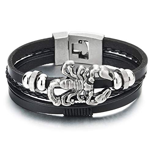 COOLSTEELANDBEYOND Herren Multi-strang Schwarz Leder Leder-Armband mit Vintage Skorpion und Wulst, Biker Armband von COOLSTEELANDBEYOND