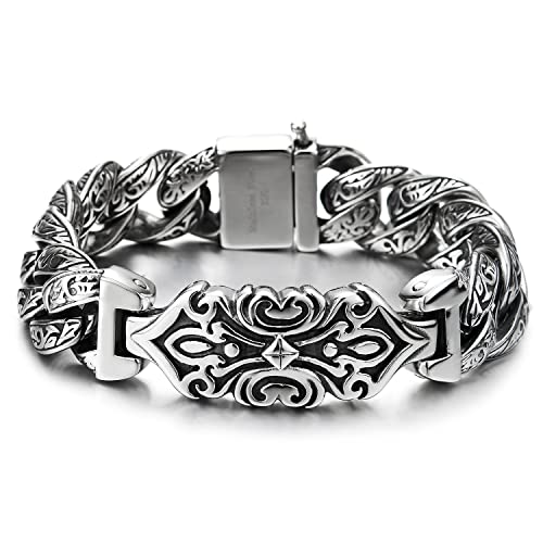 COOLSTEELANDBEYOND Herren Retro-Stil Edelstahl Tribal Tätowierung ID Identifikations Panzerkette Armband mit Federringverschluss Poliert von COOLSTEELANDBEYOND