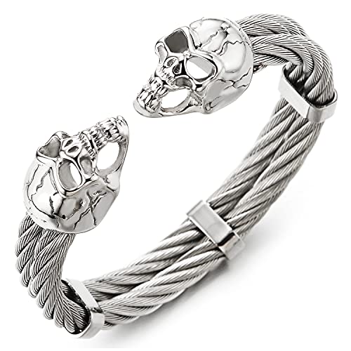 COOLSTEELANDBEYOND Herren Riss Schädel Armband, Edelstahl Verdrehten Zweireihige Stahlkabel Armreif, Elastische Verstellbare von COOLSTEELANDBEYOND