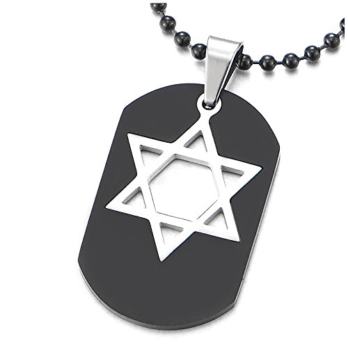 COOLSTEELANDBEYOND Herren Schwarz Dog Tag Anhänger Edelstahlkette Eingelegt mit Silber Davidstern von COOLSTEELANDBEYOND