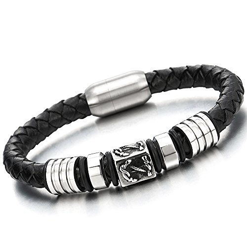 COOLSTEELANDBEYOND Herren Schwarz Geflochtene Lederarmband Armband Leder Armreif mit Anker Edelstahl Charm und Magnetverschluss von COOLSTEELANDBEYOND