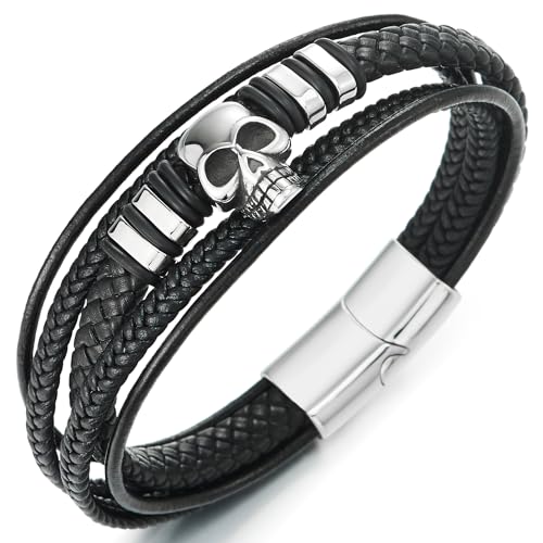 Herren Schwarz Geflochtenem Leder Armband Armreif mit Edelstahl Schädel und Ornament, Multi-strang von COOLSTEELANDBEYOND