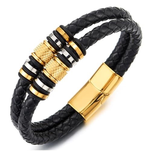 COOLSTEELANDBEYOND Herren Schwarz Geflochtenem Leder Armband mit Silber Gold Farbe Edelstahl Strukturierte Wulst, Doppel-Lap Armreif von COOLSTEELANDBEYOND