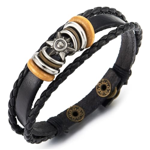 COOLSTEELANDBEYOND Herren Schwarz Leder Armband mit Stern und Holz Wulst, Leder Charme Armband, Wickeln Schweißband Armband von COOLSTEELANDBEYOND