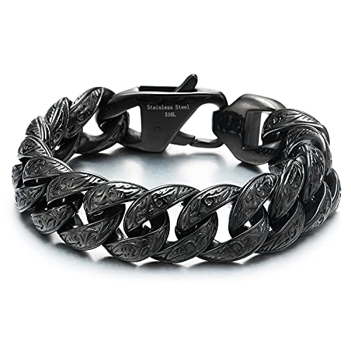 COOLSTEELANDBEYOND Herren Schwarz Panzerkette Armband aus Edelstahl Farbe Silber mit Tribal Tätowierung Muster, Retro-Stil von COOLSTEELANDBEYOND