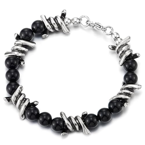 COOLSTEELANDBEYOND Herren Schwarz Perlen Armband mit Edelstahl Stacheldraht, Gotischen Punk, Schwere Biker Schmuck von COOLSTEELANDBEYOND