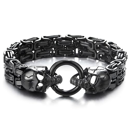 COOLSTEELANDBEYOND Herren Schwarz Zwei Strang Geflochtene Byzantine Kette Armband aus Edelstahl mit Schädel und Federringverschluss von COOLSTEELANDBEYOND