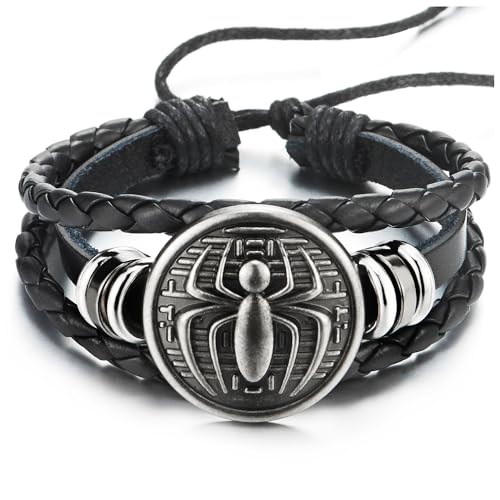 COOLSTEELANDBEYOND Herren Spinne Schwarz Geflochtenes Leder Armband Multi-Strang Leder Wickeln Schweißband Armband von COOLSTEELANDBEYOND