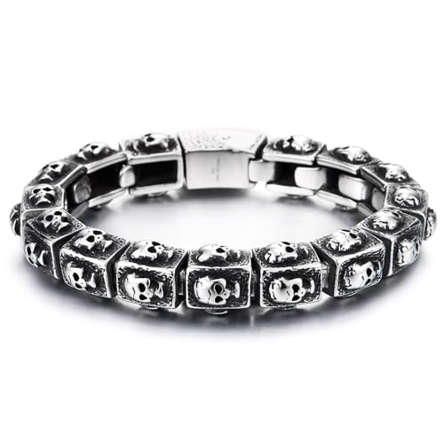 COOLSTEELANDBEYOND Herren Vintage Geschwärzter Schädel Würfel Gliederkette Armband Edelstahl, Gotik Punk Schwerlast Biker von COOLSTEELANDBEYOND