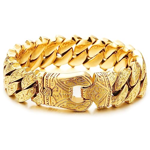 COOLSTEELANDBEYOND Herren Vintage Goldfarben Panzerkette Armband aus Edelstahl mit Tribal Tätowierung Muster, Retro-Stil, Männlich von COOLSTEELANDBEYOND