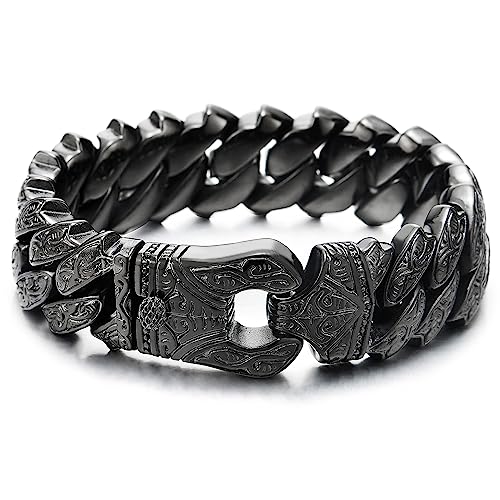 COOLSTEELANDBEYOND Herren Vintage Schwarz Panzerkette Armband aus Edelstahl mit Tribal Tätowierung Muster, Retro-Stil, Männlich von COOLSTEELANDBEYOND