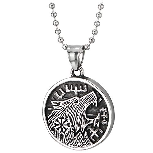COOLSTEELANDBEYOND Herren Vintage Wolfskopf Kreis Medaille Edelstahl Anhänger Halskette mit 60cm Stahl Kugelkette von COOLSTEELANDBEYOND