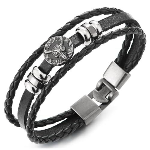 COOLSTEELANDBEYOND Herren Wikinger Widderkopf Leder Wickeln Armband, Nordisch Mythologie Vintage Multi-Strang Leder Schweißband Armband von COOLSTEELANDBEYOND