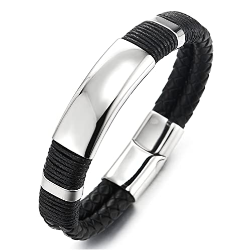 Herren Zwei Reihen Geflochtenes Schwarz Leder Armreif Armband mit Poliert Edelstahl Ornament ID Identifikations von COOLSTEELANDBEYOND