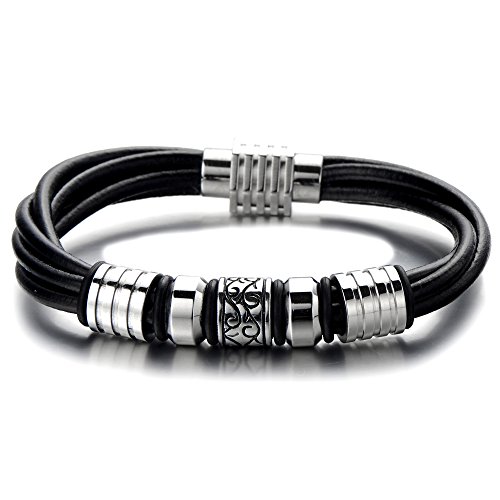 COOLSTEELANDBEYOND Herrenarmband Leder-Armband Damenarmband Schwarz Echtes Leder Armreif mit Magnetverschluss von COOLSTEELANDBEYOND