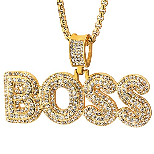 COOLSTEELANDBEYOND Hip Hop Punk Goldfarben BOSS Anhänger mit Strass, Herren Damen Halskette von COOLSTEELANDBEYOND