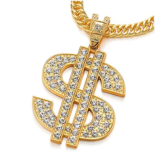 COOLSTEELANDBEYOND Hip Hop Punk Goldfarben Große US Dollar Geldzeichen Anhänger mit Strass, Herren Damen Halskette von COOLSTEELANDBEYOND