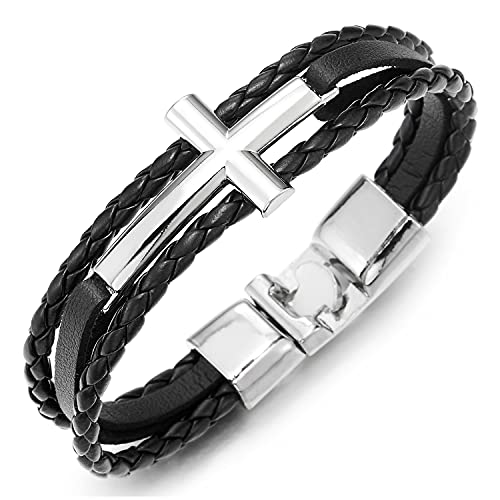 COOLSTEELANDBEYOND Horizontalen Seite Seitlich Kreuz DREI Reihen Schwarz Geflochtene Lederarmband für Herren Damen von COOLSTEELANDBEYOND