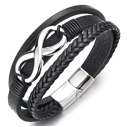 COOLSTEELANDBEYOND Infinity Liebe Unendlich Number 8 Verflochtenen Drei Stränge Schwarz Geflochtene Leder Armband für Herren Damen von COOLSTEELANDBEYOND