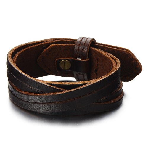COOLSTEELANDBEYOND Klassiker Herren Lederarmband Braun Echtes Leder Schweißband Streifen-design von COOLSTEELANDBEYOND
