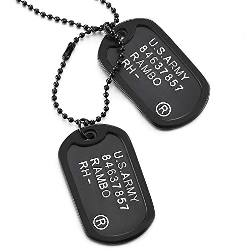 COOLSTEELANDBEYOND Klassischer Zwei Stücke Herren Schwarz Militär Armee Dog Tag Anhänger mit Schwarz Silikon, 70cm Kugelkette von COOLSTEELANDBEYOND