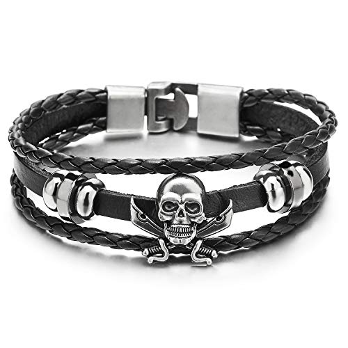 COOLSTEELANDBEYOND Klinge Piraten Schädel Multi-Strang Leder-Armband Wickeln Schweißband Damen Herren Armband Schwarz Geflochtenes Leder von COOLSTEELANDBEYOND
