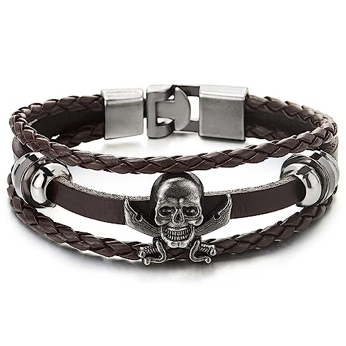COOLSTEELANDBEYOND Klinge Piraten Schädel Multi-Strang Leder-Armband Wickeln Schweißband Herren Damen Armband Braun Geflochtenes Leder von COOLSTEELANDBEYOND