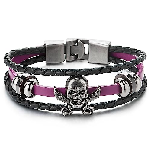 COOLSTEELANDBEYOND Klinge Piraten Schädel Multi-Strang Leder-Armband Wickeln Schweißband Herren Damen Armband Schwarz Lila Leder von COOLSTEELANDBEYOND
