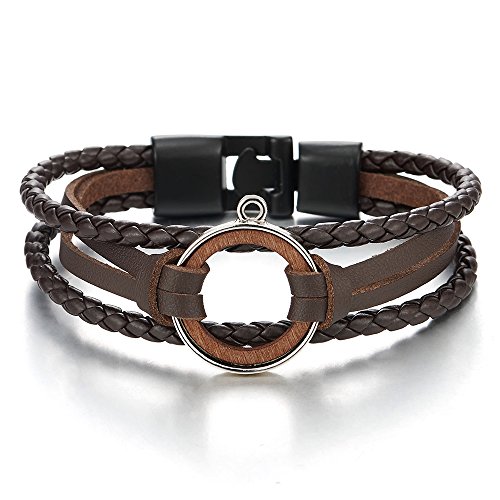 COOLSTEELANDBEYOND Kreis Ring Braune Geflochtene DREI Reihen Lederarmband für Herren Damen von COOLSTEELANDBEYOND