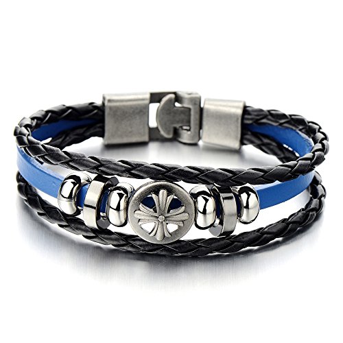 COOLSTEELANDBEYOND Kreuz Multi-Strang Leder-Armband Wickeln Schweißband Herren-Armband Schwarz Blau Leder von COOLSTEELANDBEYOND