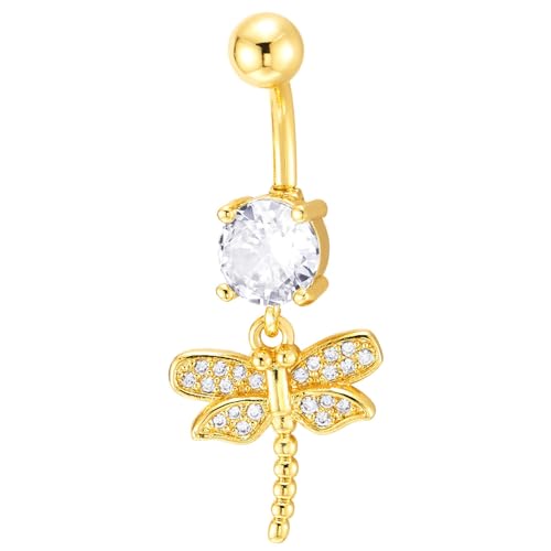 COOLSTEELANDBEYOND Libellen-Bauchnabelpiercing in Gold mit Klarem Zirkonia Hängendes Schmuckstück für Damen von COOLSTEELANDBEYOND
