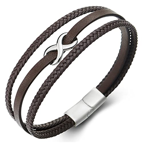 COOLSTEELANDBEYOND Liebe Unendlich Number 8 Verflochtenen DREI Stränge Braun Geflochtene Leder Armband für Herren Damen von COOLSTEELANDBEYOND