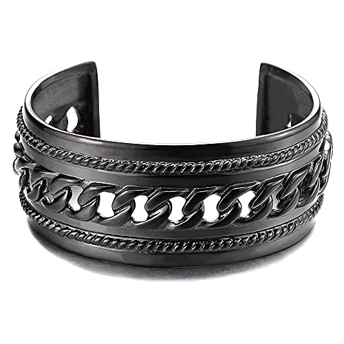 COOLSTEELANDBEYOND Männlich Breiten Herren Damen Schwarz Armband Armreif aus Edelstahl Farbe Silber mit Panzerkette Ornament von COOLSTEELANDBEYOND