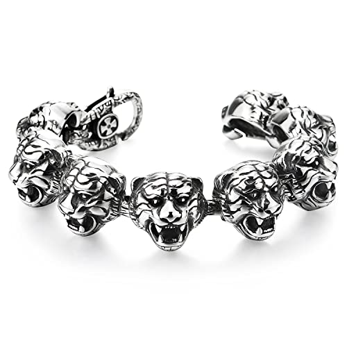 COOLSTEELANDBEYOND Männlich Link von Tiger Kopf Herrenarmband Edelstahl-Armband Silber Schwarz Zwei Töne Poliert, Punk Rock von COOLSTEELANDBEYOND