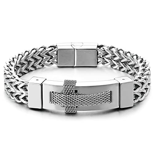 COOLSTEELANDBEYOND Maskulin Identifikations Armband Aus Edelstahl für Herren, Doppelte Quadratische Franco Kette Mit Mesh Ketten Kreuz von COOLSTEELANDBEYOND