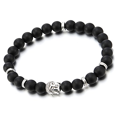 Matt Schwarz Onyx Beads, Herren Jungen Dehnbare Armband aus Perlen mit Buddha Charme, Tibetan Buddhist Prayer Mala von COOLSTEELANDBEYOND