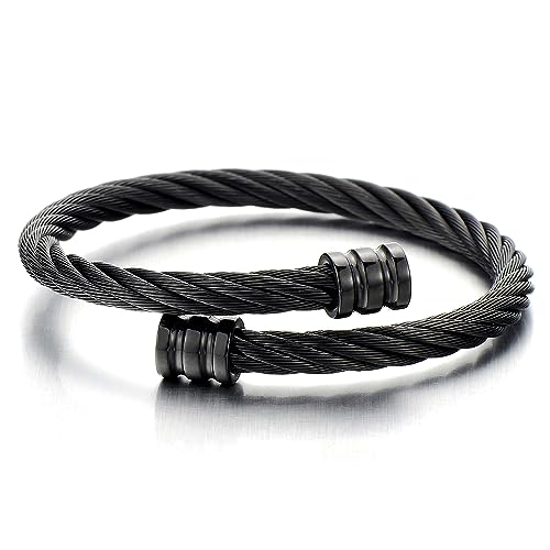 COOLSTEELANDBEYOND Minimalistisch Schwarz Herren Jungen Armband Verdrehten Stahlkabel Armreif aus Edelstahl von COOLSTEELANDBEYOND